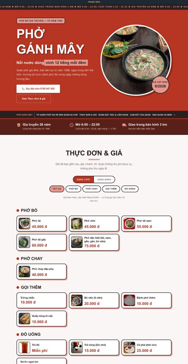 Trang mẫu dựng theo khung Phở Sớm